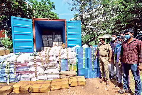 Chennai police with 5,500 kgs of seized tobacco products