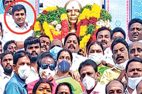 Arun Nehru (circled) presiding the garlanding of Thevar statue function in Tiruchy on Friday