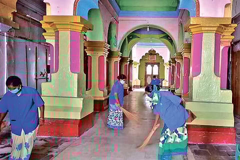 Workers cleaning the Nagore dargah on Tuesday
