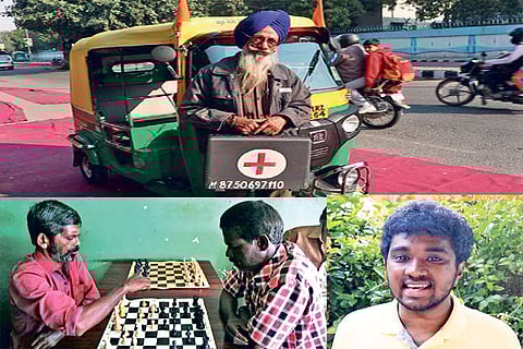 Harijinder from New Delhi runs an auto-ambulance; villagers from Kerala playing chess; Sai Sethu