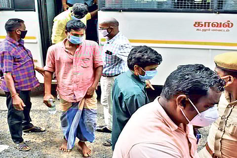 CB-CID sleuths taking the accused for an interrogation in Cuddalore on Saturday