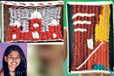 Abstract image of Ganesha woven on a matchbox (L), Image of Central Station in Chennai on a matchbox