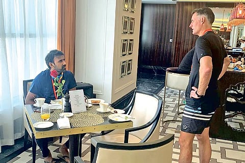 CSK batting coach Michael Hussey (right) and bowling coach L Balaji