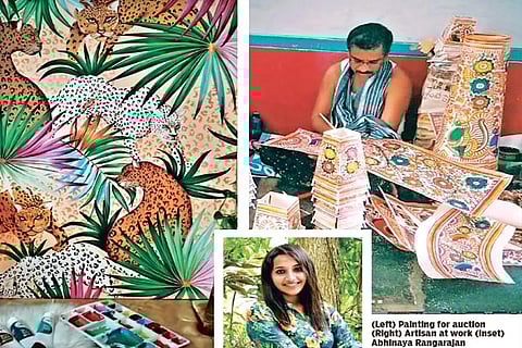 (Left) Painting for auction(Right) Artisan at work (Inset) Abhinaya Rangarajan