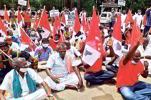 Pro-Tamil outfits staging protest infront of the Golden Rock Workshop, Tiruchy on Friday