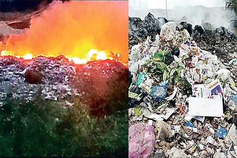 Fire and smoke engulf the dump yard at Jothi Nagar in Kelambakkam panchayat