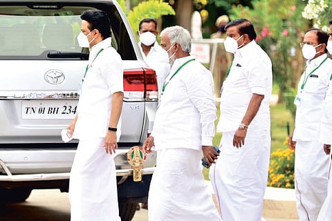 DMK MLAs, led by Stalin, stage walkout after a debate over the provisions in the NEP, on Wednesday