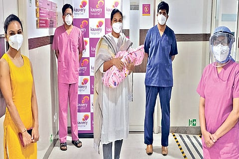 The mother and newborn at the hospital