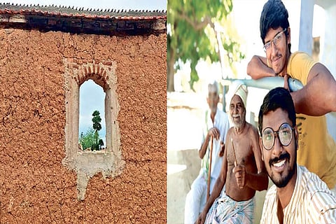 House that is constructed with salliman; Aravind and Bharath (yellow shirt) with villagers