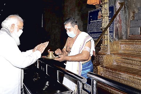 Prime Minister Modi at Meenakshi Amman Temple in Madurai on Friday.