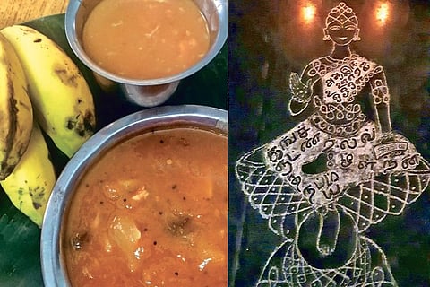 Puthandu offering - jackfruit payasam, mango pachadi and banana; a kolam Meenakshi did for the fest