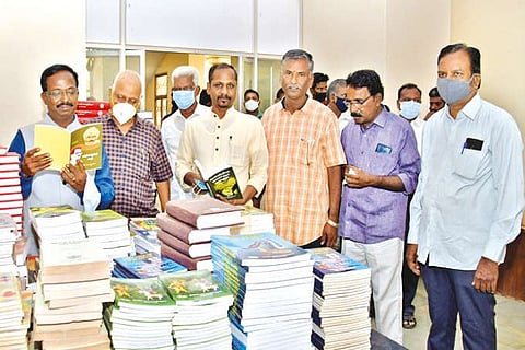 Tamil University VC K Balasubramanian (extreme left) inaugurating the book fair on Thursday