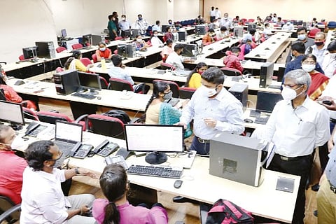 Commissioner Prakash at the tele-counselling centre at Amma Maligai