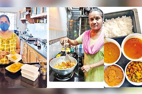 (Left) Deepthi Tanikella; Poongodi at her kitchen; food prepared by Harshni