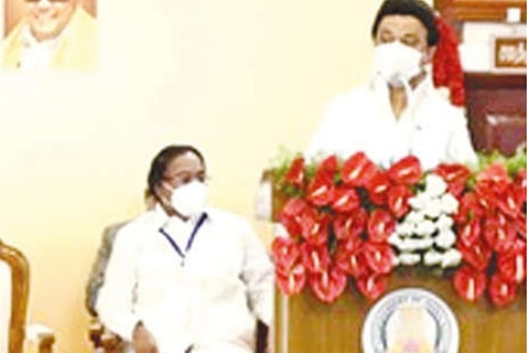 Chief Minister MK Stalin addressing the MK?s portrait unveiling function on Monday