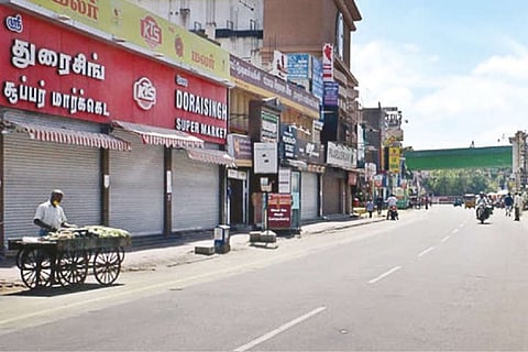 One of the deserted streets in Coimbatore as Sunday lockdown restrictions were made more stringent