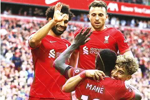 Liverpool players celebrate the second goal against Burnley at Anfield
