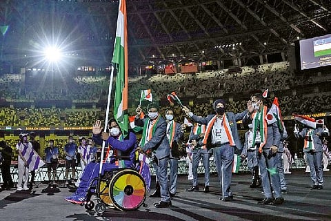 India?s team arrives during the opening ceremony for the Tokyo 2020 Paralympic Games at the Stadium