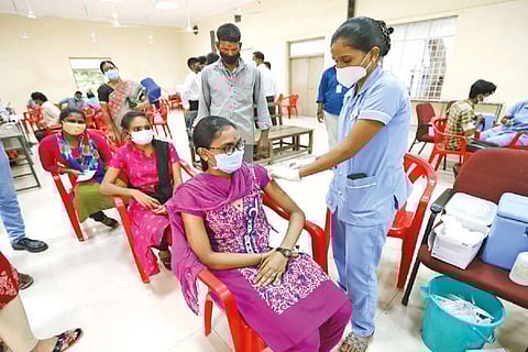 Special vaccination camp for students under way at Nandanam Arts College on Saturday