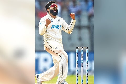 New Zealand spinner Ajaz Patel is elated after picking up an India wicket.
