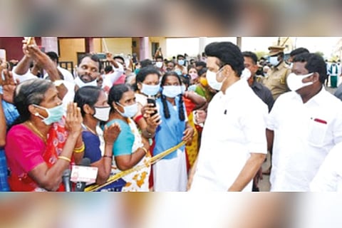 Stalin interacting with residents of flood-affected areas on Tuesday