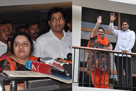 Deepa addressing press; Deepa and her husband wave their hands from balcony.
