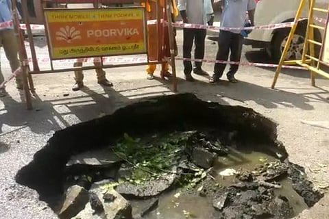 Road caves in near Duraisamy subway due to erosion following heavy rains