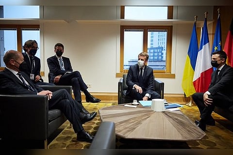 Zelensky in meeting with Macron and Scholz. Image Courtesy: Twitter - @ZelenskyyUa