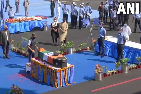 Group Captain Varun Singh's mortal remains at the Yelahanka Air Force base in Bengaluru. Image: ANI