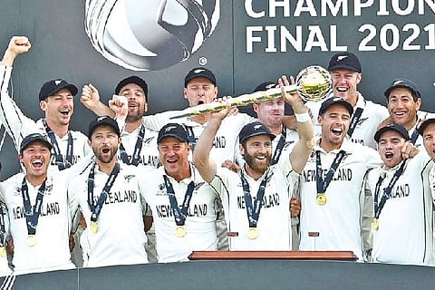 The New Zealand team is jubilant after winning the World Test Championship