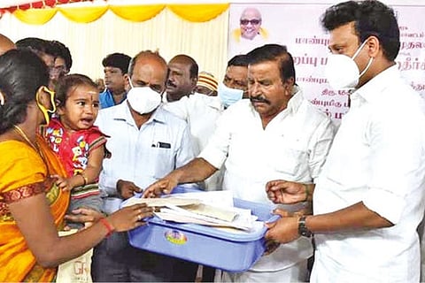 KN Nehru and Anbil Mahesh Poyyamozhi receiving petitions from people at a special camp in Tiruchy