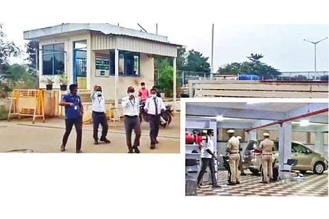 Foxconn campus in Sriperumbudur (top); cops outside Oppo phones head office in Perungudi (R)