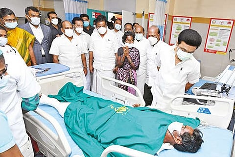 Chief Minister Stalin visiting an accident victim