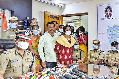DGP C Sylendra Babu with the recovered idols at a press conference in Tiruchy on Wednesday