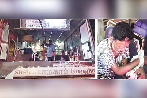 The broken windshield of MTC bus; (r) Tulasi seen tied to seat inside the bus