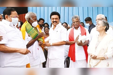 CM MK Stalin greeting veteran CPI leader R Nallakannu with a shawl in Chennai on Sunday