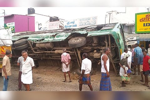 The bus that was hit by a lorry in Coimbatore on Monday