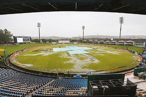Covers are in place at the SuperSport Park in Centurion on Monday. No play was possible