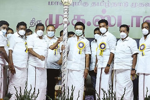 Chief Minister MK Stalin presented with a sceptre by DMK Ministers at a function in Tiruchy.