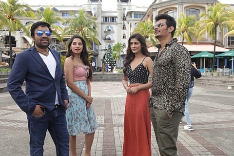 (From left) Mirchi Shiva, Tanya Hope, Payal Rajput and Jiiva (Image source: IANS)