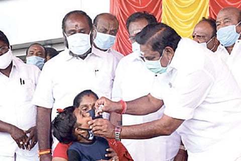 Chief Minister Edappadi K Palaniswami inaugurates immunisation drive at Madurai airport on Sunday.