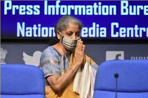 Finance Minister Nirmala Sitharaman arrives to address post-budget press conference