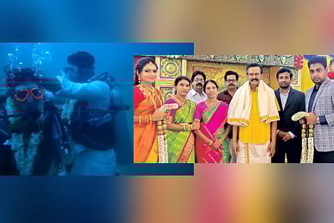 Chinnadurai tying the knot (L), family with Selvam's statue