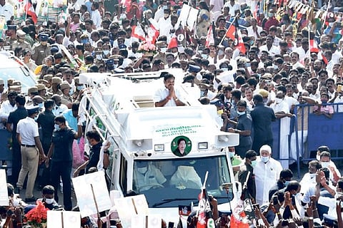 Chief Minister Edappadi K Palaniswami during his campaign in Avadi on Sunday