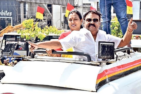 DMDK founder Vijayakant and party treasurer Premalatha at party office in Chennai on Friday