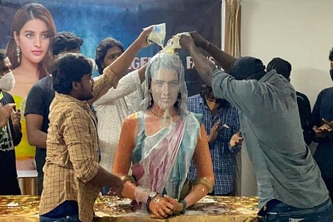 Nidhhi Agerwal fans celebrate Valentine's Day by erecting and worshipping her idol