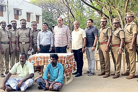 The two accused arrested by the Forest Department officials in Pollachi on Tuesday.