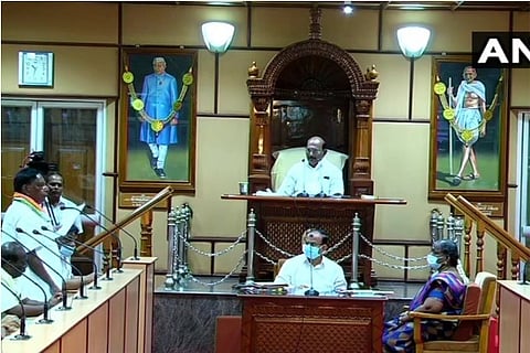 CM Narayanasamy to Face Floor test today. He is seen addressing in the Pondy assembly