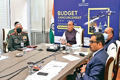 Rajnath Singh during a webinar on Defence Budget