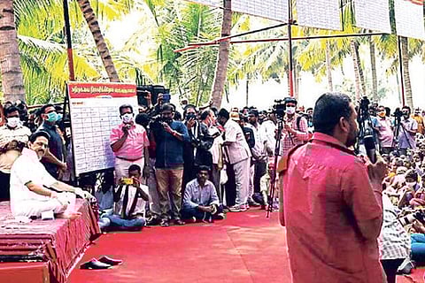 Stalin talking to people at the makkal gram sabha in Erode.